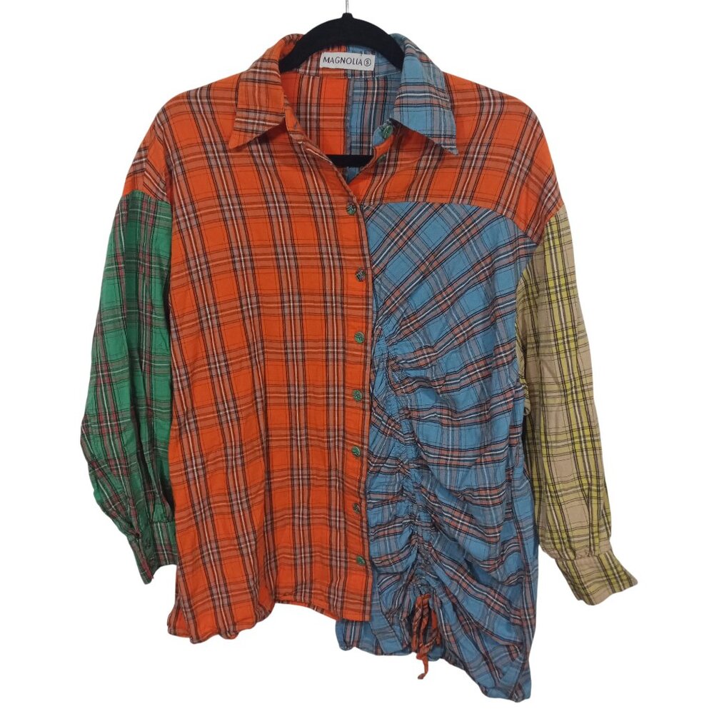 Magnolia Multicolor Plaid Button-Down Shirt with Side Ruching